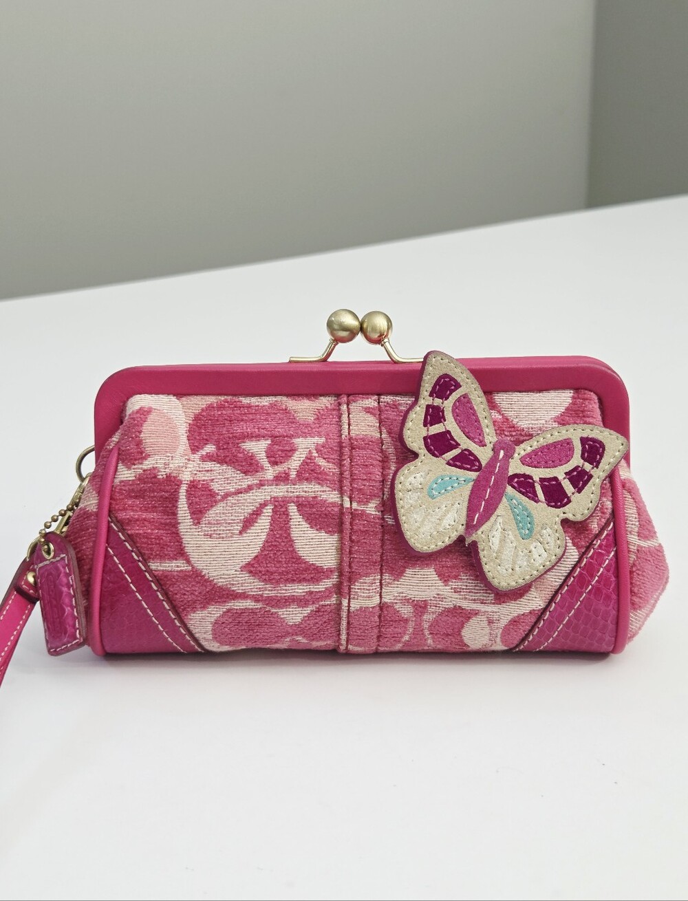 COACH EXOTICS PYTHON CHENILLE BUTTERFLY FRAME KISSLOCK WRISTLET CLUTCH BAG